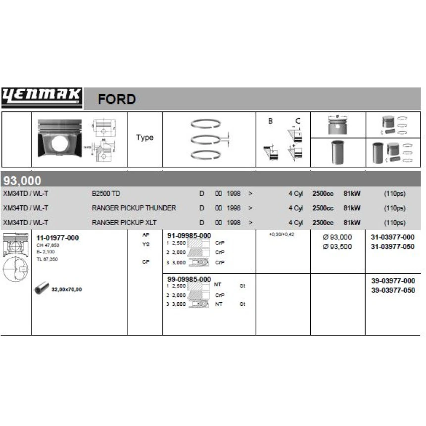 Mazda Ticarı Motor Piston Segman (93,50mm) / (0,50 Farklı) Ford Ranger Mazda B2500 2,5td 98>06 Turbo - Yenmak 36-03977-050