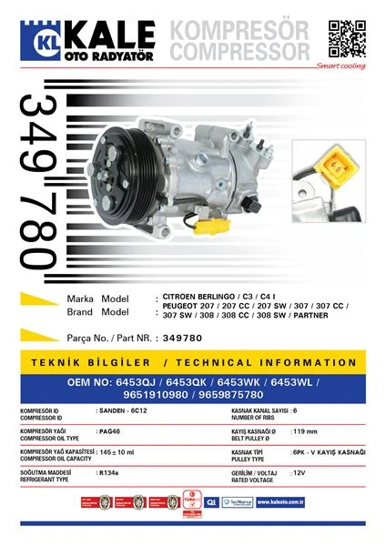 Psa Klima Kompresoru P207 P208 P308 P508 P5008 P2008 C3 II C4 C4 II Ds4 Ds3 C3 III C5 III C3 Picasso Ber - Kale 349780