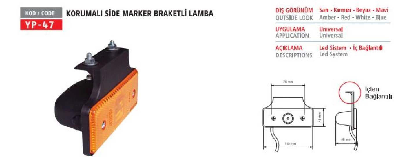 Unıversal Truck Yan İsaret Lambası Side Marker Lamba Buyuk Duylu Sarı 12v Korumalı Braketli - Yuceplast Yp-47 12v