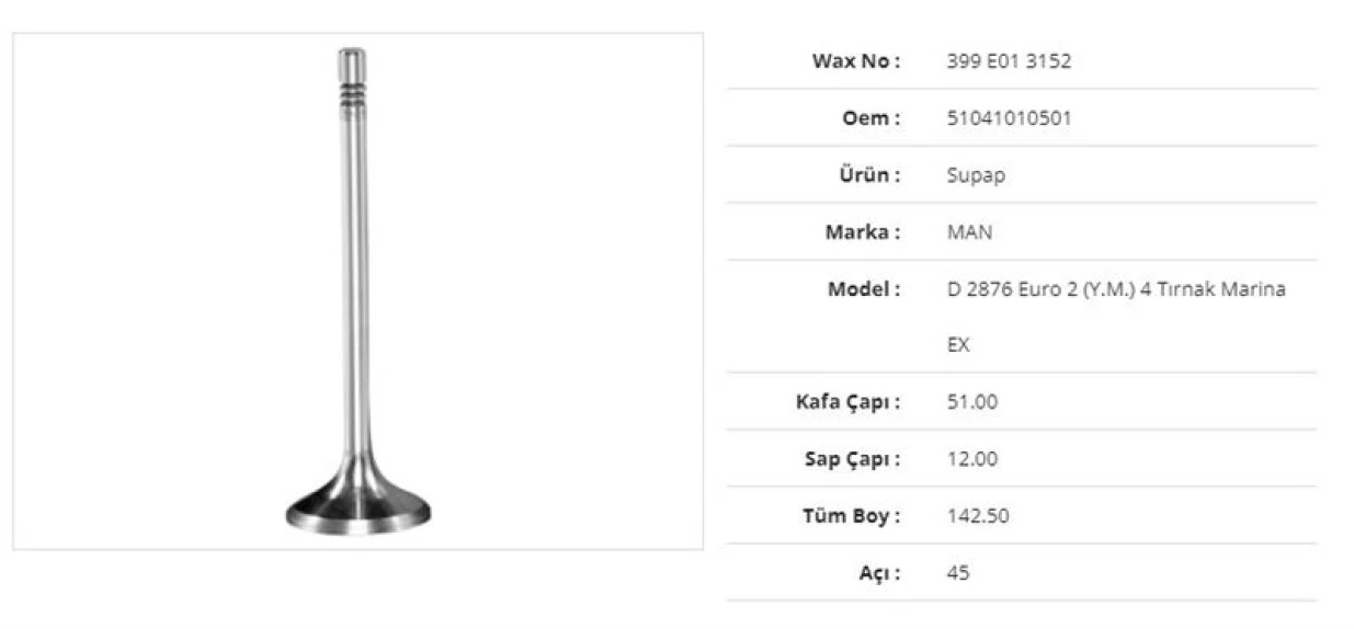 Man Truck Subap Egzoz Man D 2876 Euro 2 (y.m.)marına 4 Tirnak  51kx12sx142,5bx45a  (6adet) - Wax 399 E01 3152