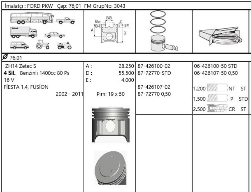 Ford Motor Piston Segman (std) / (76,01mm) Fiesta Fusıon 1,4 Zetec S 16v Zh14 02>11 - Yenmak 36-04953-000