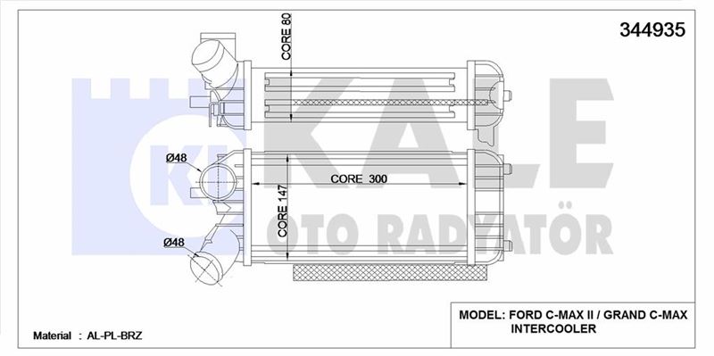 TURBO RADYATORU FOCUS III CB8 11>14 1.6 TDCI FOCUS IIII CEW 14> C-MAX 06>11 10>15 1.6 TDCI 300x150x7 - KALE 344935