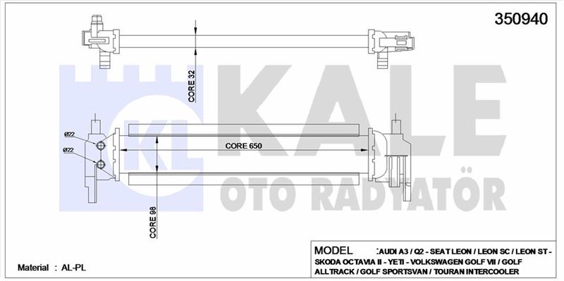 TURBO RADYATORU GOLF VII 12> TOURAN 15> AUDI A3 12> Q2 16> LEON 12> OCTAVIA III 12> YETI 15>17 - KALE 350940