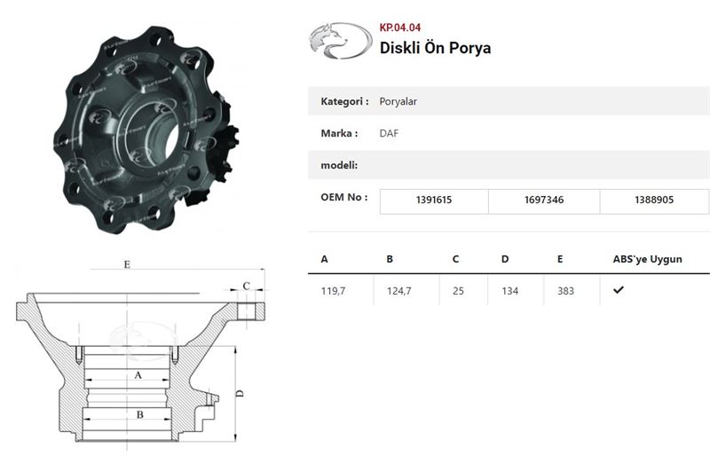 DISKLI ON PORYA KIT (RULMANLI) - DAF TRUCK / 85/95/105 CF-XF - KURTSAN KK.04.40