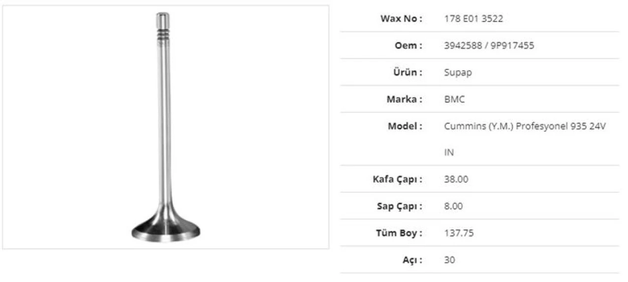 Bmc Truck Subap Emme Bmc Profesyonel 935 24v (y.m.) 38kx8sx137,75bx30a (12adet) - Wax 178 E01 3522