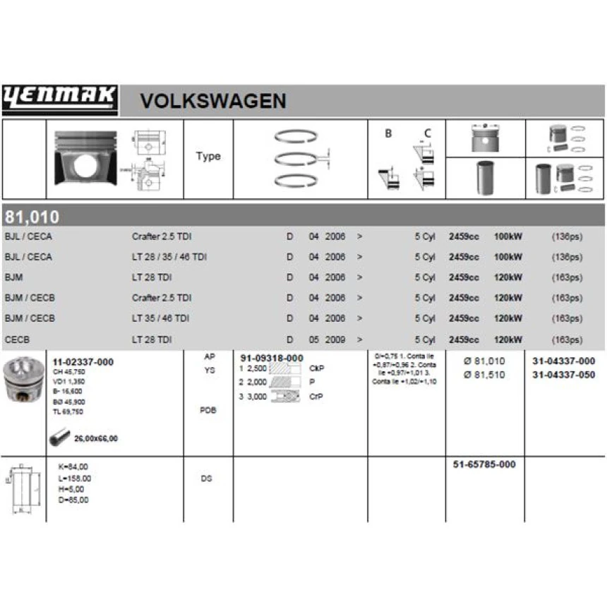 Vag Piston+segman (81,51mm 0,50 5 Silindir) Crafter 2,5tdi (136 / 163 Ps) Bjl Bjm Ceca Cecb 06> - Yenmak 31-04337-050