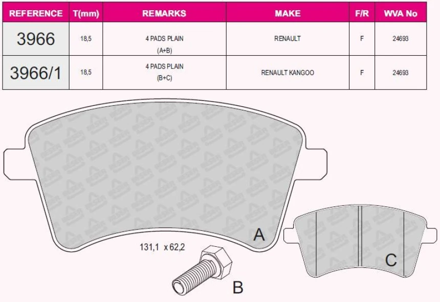 Renault On Fren Balatası Kangoo III 08> Mercedes Citan 13>21 1.2 Tce 1.5 DCI 1.6 - Beser 3966