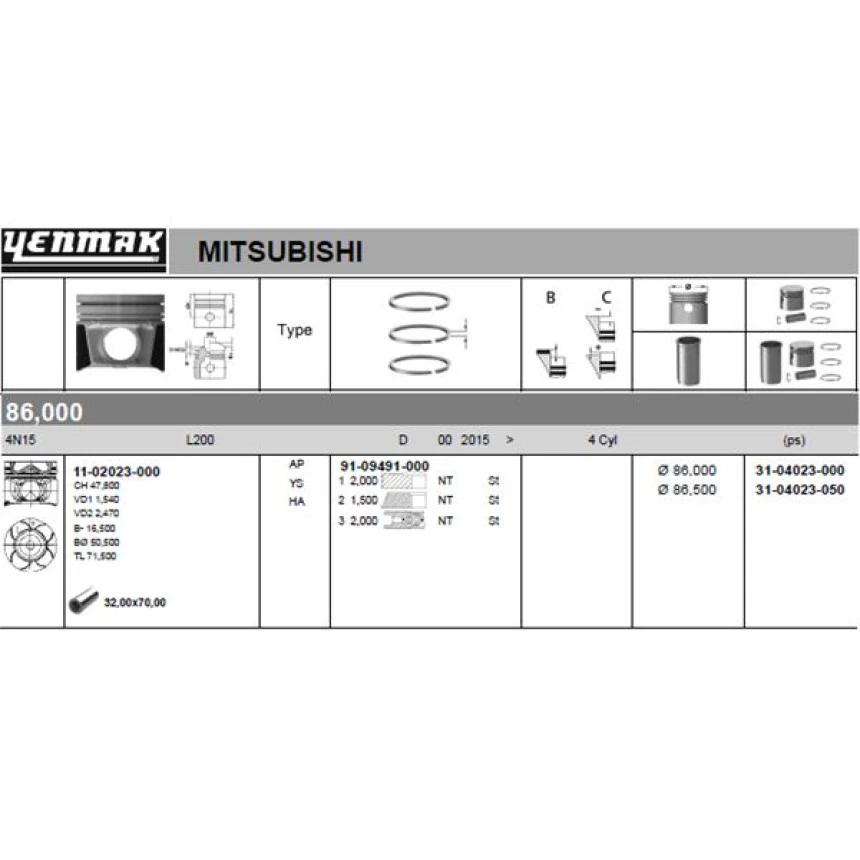 Mitsubıshı Ticarı Motor Piston Segman 050  Mitsubıshı L200 2,4 4n15 2015-> 86,5 - Yenmak 36-04023-050