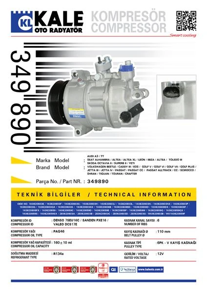 Vag Klima Kompresoru Caddy Golf V Jetta Passat Tiguan Touran A3 Leon Octavıa 1.6 1.9 2.0 Tdi 1.6fsi / Ts - Kale 349890