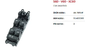 Unıversal Cam Anahtarı  Sol Dörtlü S60 - V60 - Xc60 - Mcar-An3654e