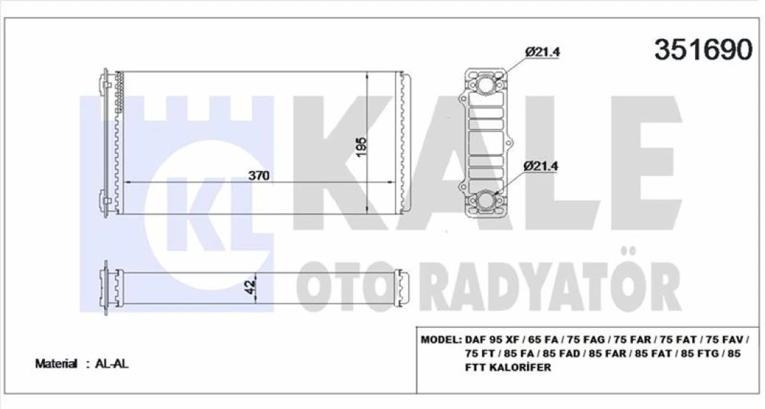 Daf Truck Kalorıfer Radyatoru Daf 95 Xf / 65 Fa / 75 Fag / 75 Far / 75 Fat / 75 Fav / 75 Ft / 85 Fa / 85 Fad / - Kale 351690