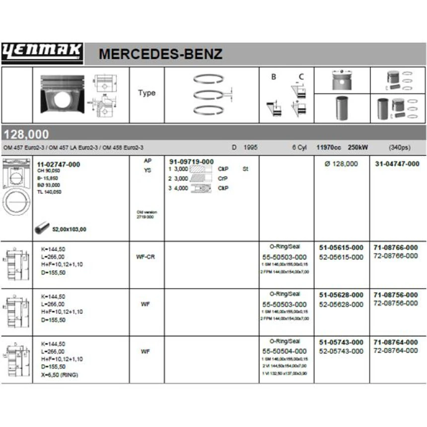 Mercedes Truck Motor Kiti (piston-Segman-Gomlek) 128 MM  Euro 3 Mercedes Benz Om 457 - Yenmak 71-08756-000