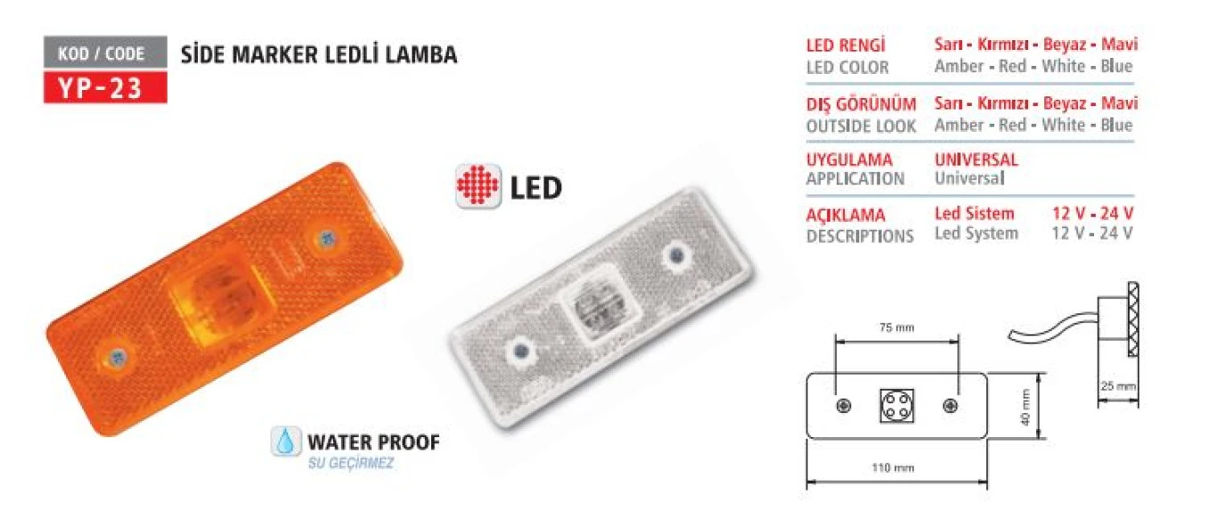 Unıversal Truck Yan İsaret Lambası Side Marker 4 Ledli 12 V Kirmizi - Yuceplast Yp-23 K 12v