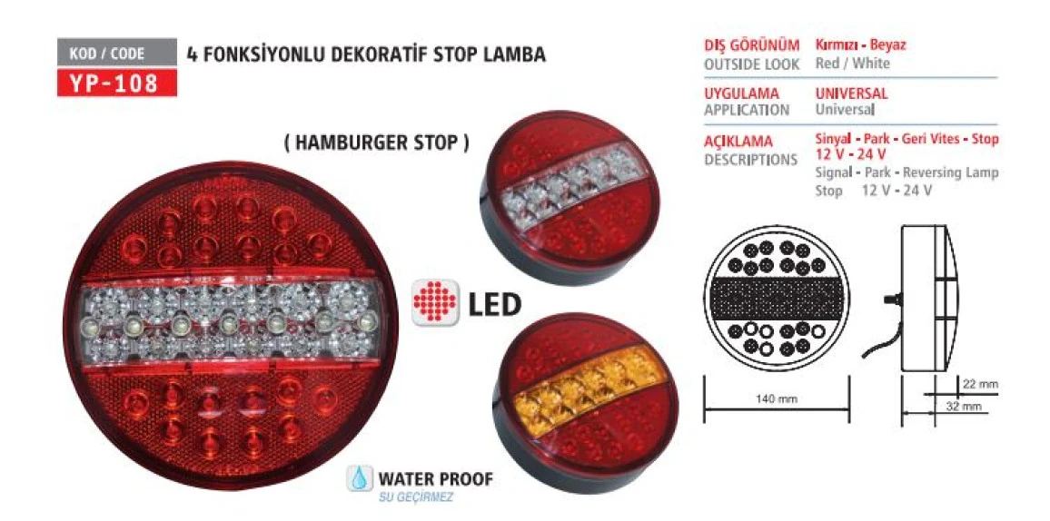 Unıversal Truck Stop Lambası Hamburger Tip 4 Fonksıyonlu Ledli - Yuceplast Yp-108 4f 12v