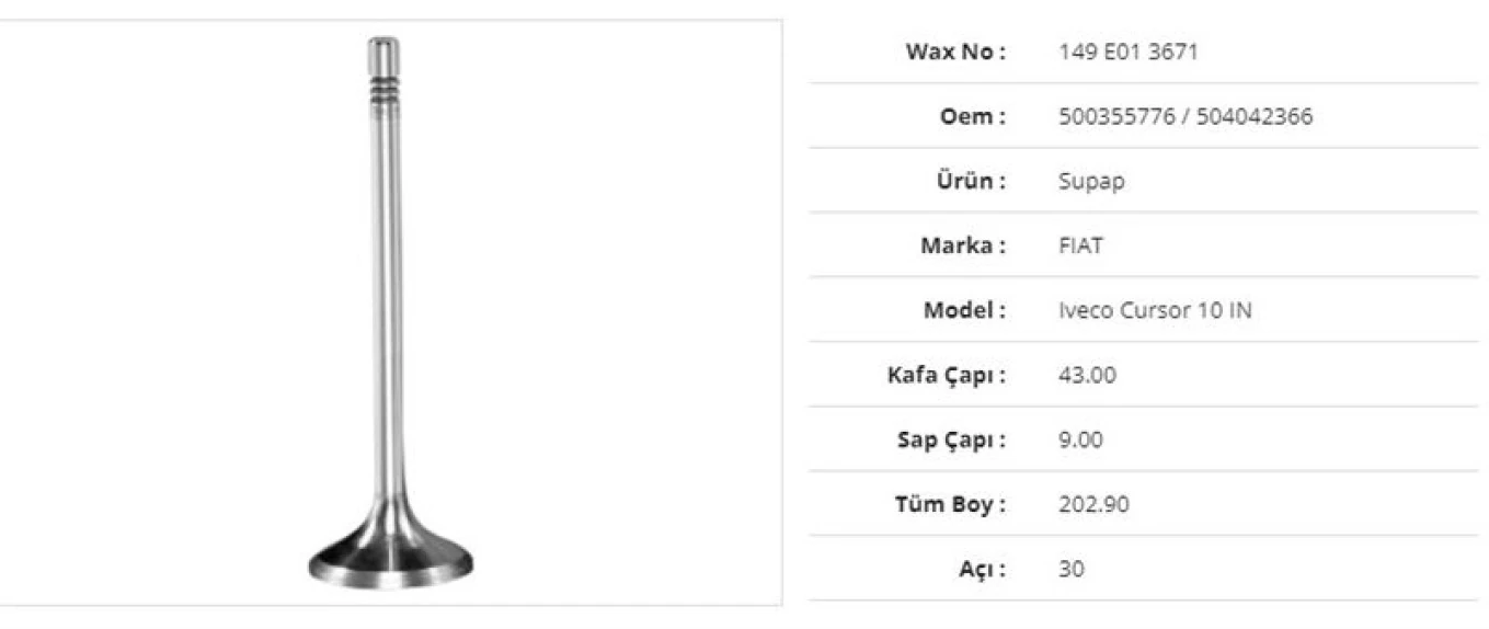 İveco Truck Subap Emme İveco İveco Cursor 10 43kx9sx202,9bx30a (12adet) - Wax 149 E01 3671