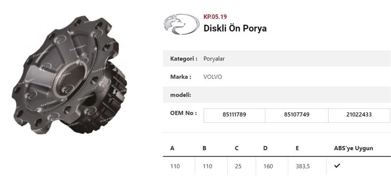 DINGIL PORYASI DISKLI ON (RULMANLI) - VOLVO TRUCK / FM9-FM12-FH12-FH16-NH12- - KURTSAN KK.05.19