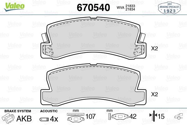 ARKA FREN BALATASI TOYOTA AVENSIS 97-03 CAMRY 91-97 CELICA 93-99 LEXUS 300 00-03 VISTA 90-> - VALEO 670540