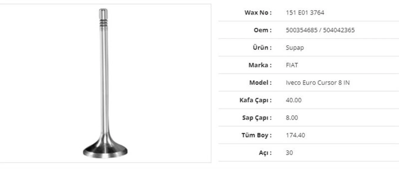 İveco Truck Subap Emme İveco İveco Euro Cursor 8 40kx8sx174,4bx30a (12adet) - Wax 151 E01 3764