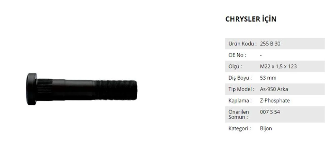 Chrysler Truck Bijon Ve Somunu Arka Chrysler As950 Arka M22x1.5x32xsw32 - Besel 255b30-007s54