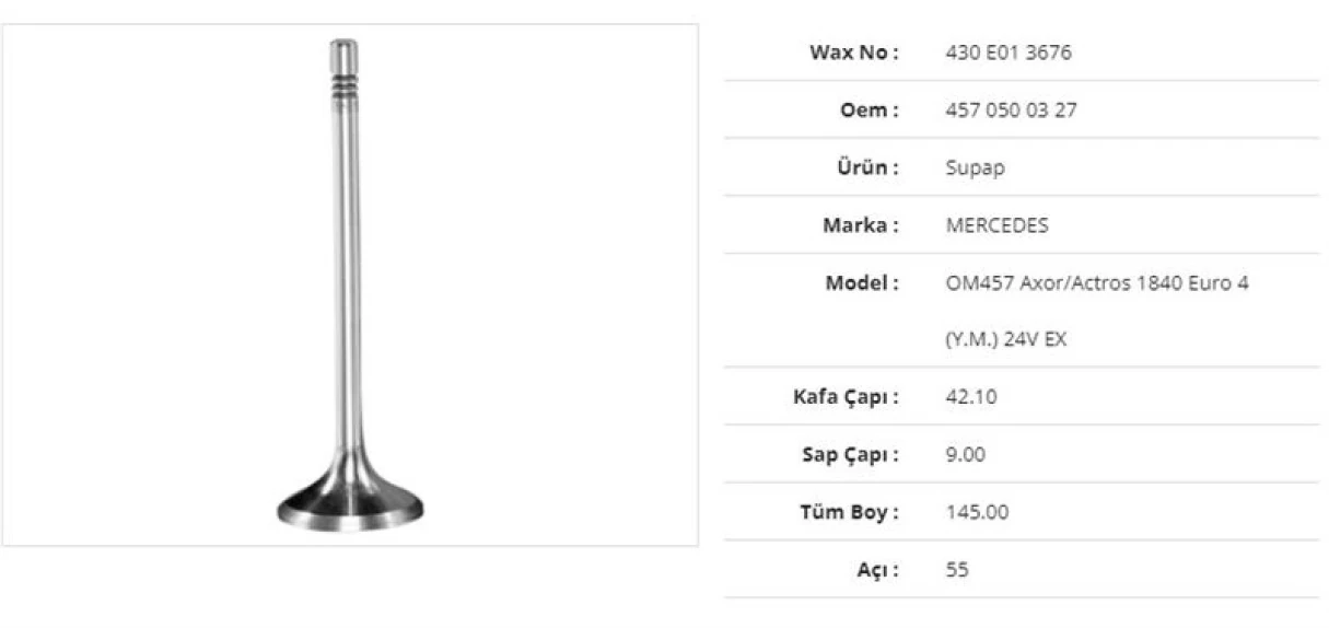 Mercedes Truck Subap Egzoz Mercedes Om457 Axor/actros1840 Euro 4 (ym ) 24v 42,1kx9sx145bx55a (12adet) - Wax 430 E01 3676