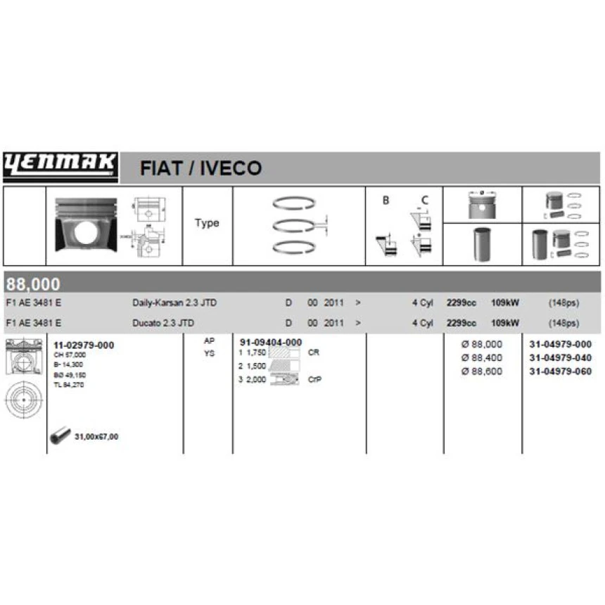 İveco Ticarı Motor Piston Segman (0,60) Ducato III İveco Daıly Karsan Jest 2,3jtd C13 F1a Euro5 Motor 11>14 - Yenmak 31-04979-060