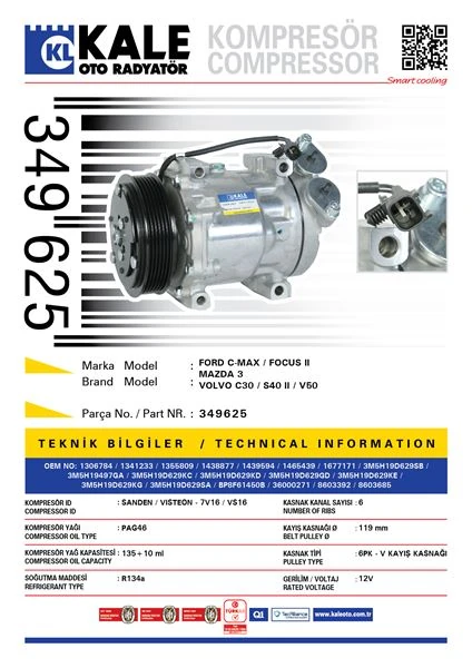 Ford Klima Kompresoru Focus II 1.6tdci C Max 1.6tdci 07> Mazda 3 1.6cdi Volvo S40 1.6d 2.4 D5 00>012 C30 - Kale 349625