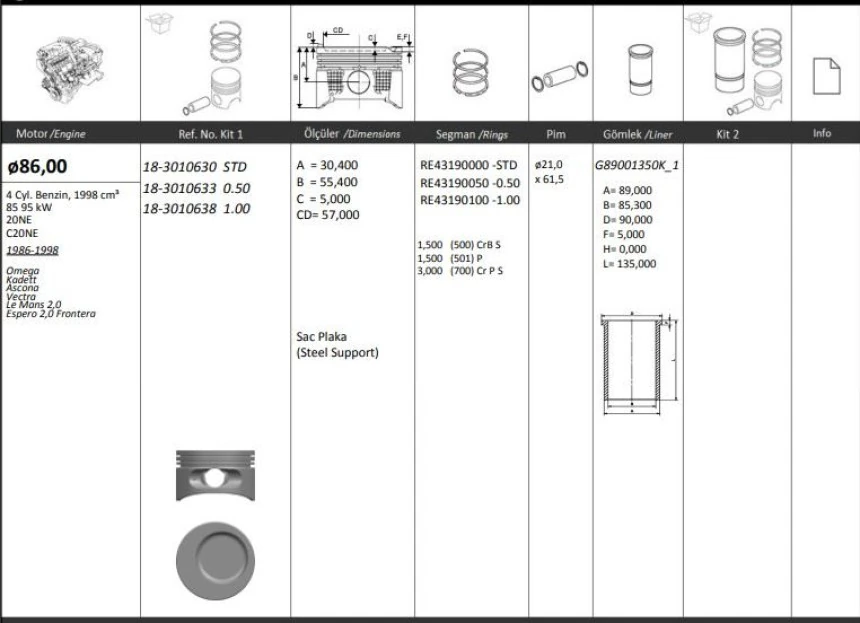 Opel Motor Piston+segmanı ( Riken )  86,00+0,50mm Cap Omega Kadett Ascona Vectra Le Mans 2,0 Espero 2,0 F - Kingpiston 18-3010633
