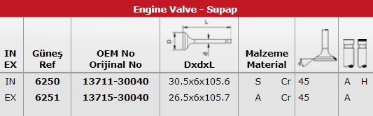 SUBAP TAKIMI HILUX PICKUP 2,5-3,0 2006 -> (2KD FTV MOTOR) / (16 SUBAP) - GUNES 6250-6251