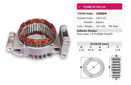 Fiat Stator Denso Tip 12v 90a 1,3 Multıjet Linea Kapaklı Nursan 161712 - Yavuz 10 604