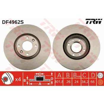 ON FREN DISKI P208 1,2 / 1,4 / 1,4HDI / 1,6 / 1,6HDI P308 3008 P5008 C4 C4 II DS4 DS5 1,6 16V / 2,0H - TRW DF4962S