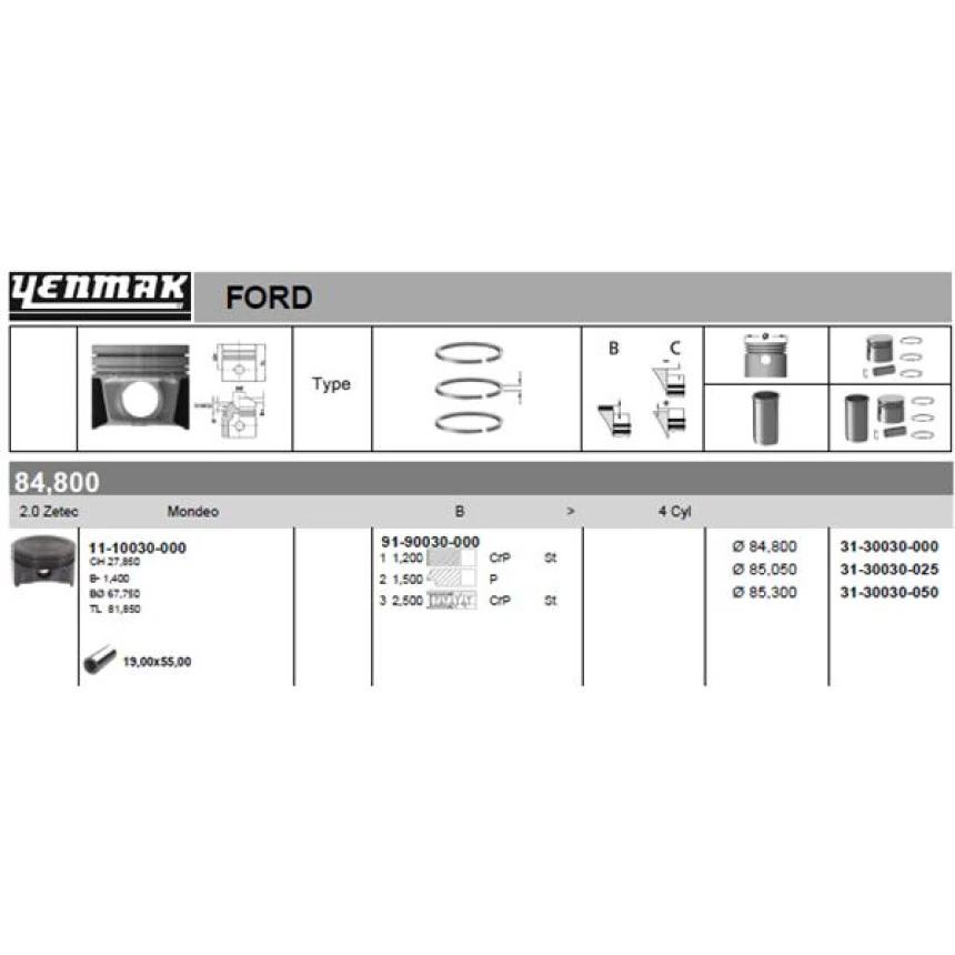 Ford Motor Piston Segman 050 Farklı 85,3 MM Mondeo  I 2,0 Zetec 93>00 - Yenmak 31-30030-050