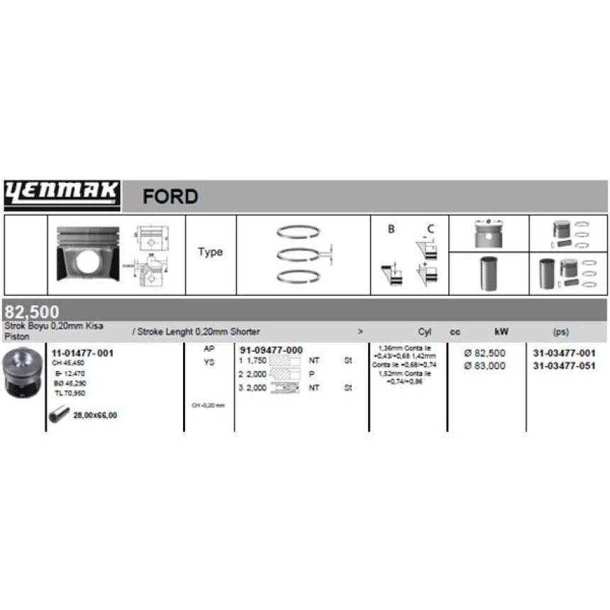 Ford Piston Segman 82.50mm 0.50 {farklı} 0.20 Kisa Connect 1.8tdci 110ps Duratorg 07> - Yenmak 31-03477-051