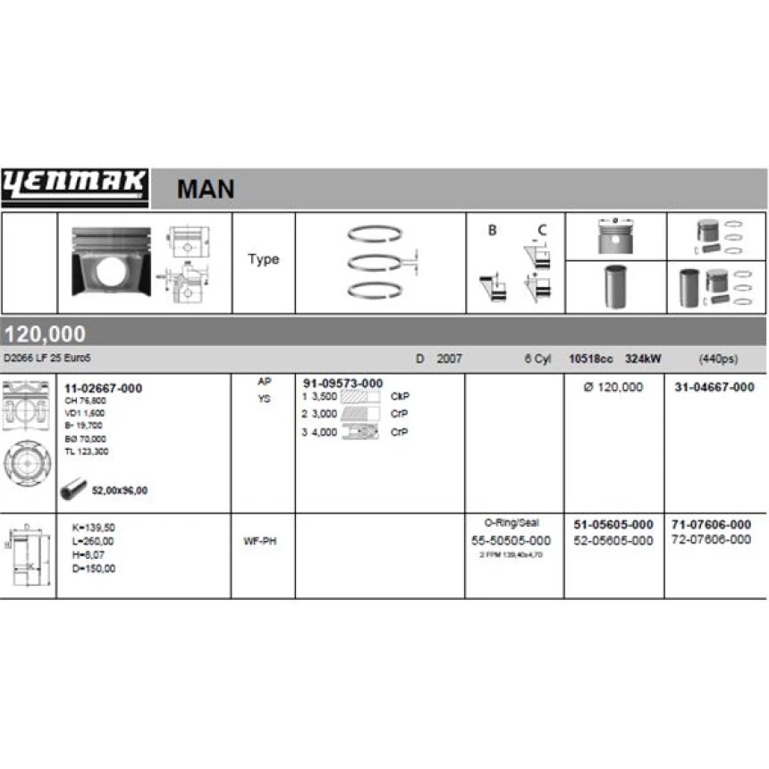 Man Truck Motor Kiti (piston-Segman-Gomlek) 120 MM Man Tga - Tgs - Tgx D2066 Euro 5 - Yenmak 72-07606-000
