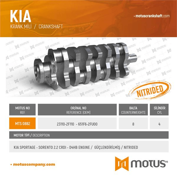 KRANK MILI KIA SORENTO 2.2 CRDI 09>15 D4HB GUCLENDIRILMIS - MOTUS 882