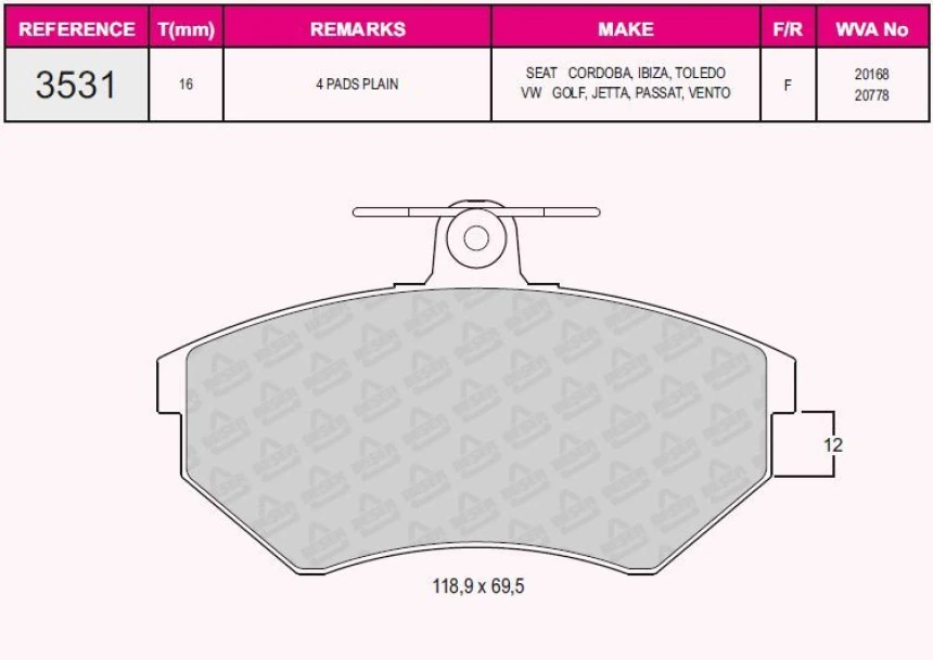 Vag On Fren Balatası İnce Golf II III 84>92 Jetta II 89>92 Passat II III 85>97 Scirocco II 83>92 İnca 99 - Grap 93531