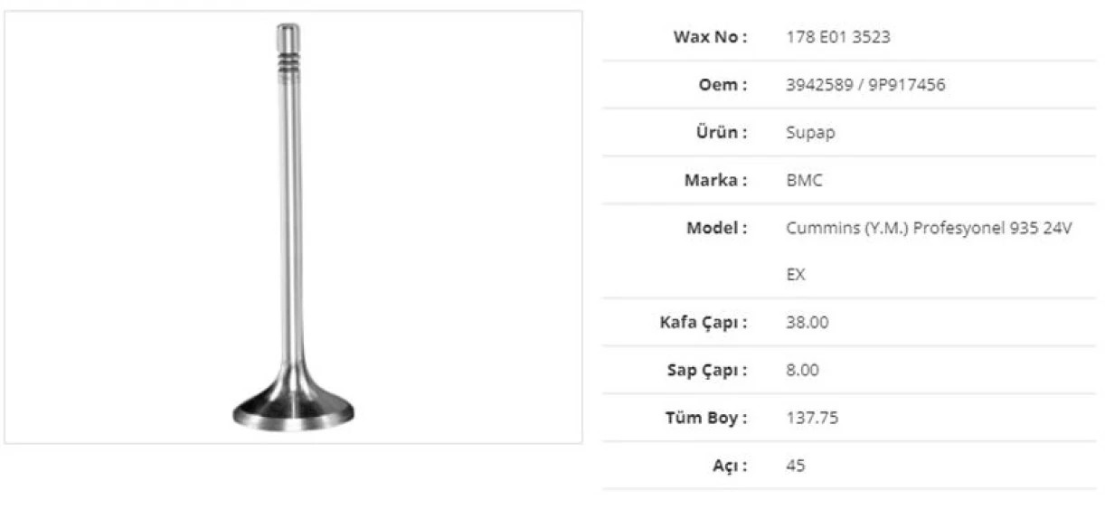 Bmc Truck Subap Egzoz Bmc Profesyonel 935 24v (y.m.) 38kx8sx137,75bx45a (12adet) - Wax 178 E01 3523