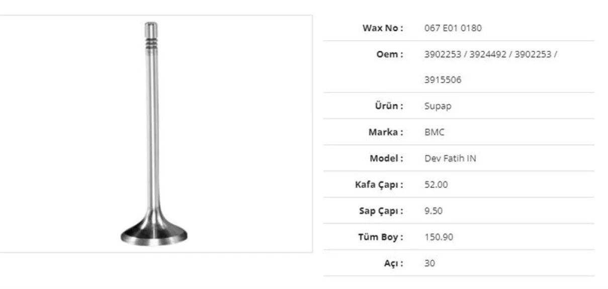 Bmc Truck Subap Emme Bmc Fatıh Dev Std./0.5k 52kx9,5sx150,9bx30a (6adet) - Wax 067 E01 0180