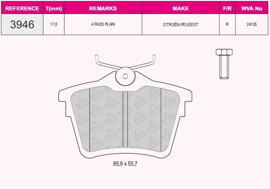 Psa Arka Fren Balatası P407 04> C5 III 09> 1,6hdi 110 Fap 1,8 2,0 2,0 Hdi 135 Fap 2,2 3,0 - Grap 93946