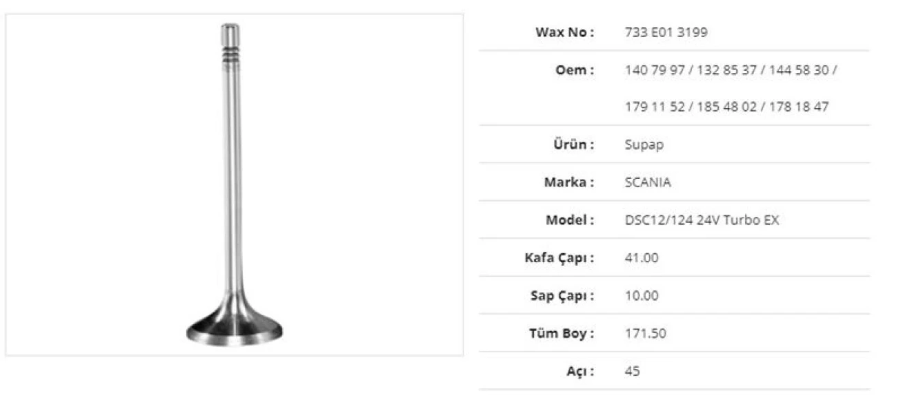 Scanıa Truck Subap Egzoz Scanıa Dsc12/124 24v Turbo 41kx10sx171,5bx45a (12adet) - Wax 733 E01 3199