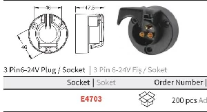 Unıversal Römork Fişi Dişi Ym 3 Pinli 6/24v (erkek-4706) Plastik - Sertplas-E4703