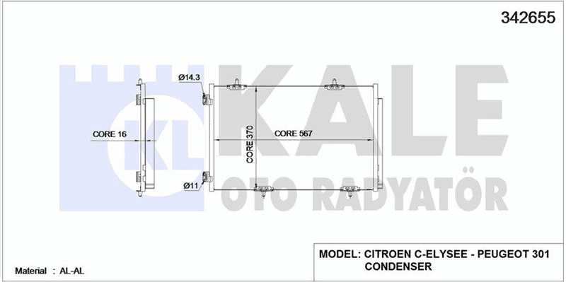 KLIMA RADYATORU P301 C ELYSEE 1.2 VTI / 1.6VTI / 1.6HDI EURO5 - KALE 342655