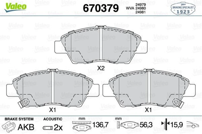 Honda On Fren Balatası Honda Jazz 2008-2016 Jazz 15->  City Sedan 2008-> Crz 2010-2013 İnsight 1.3 Hibrit - Valeo 670379