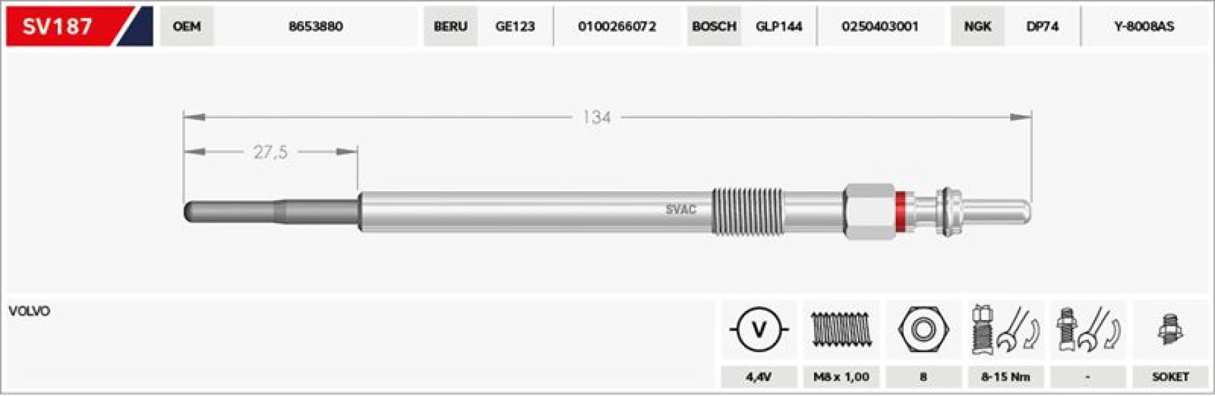 Volvo Kizdirma Bujısı Volvo C30d C70d S40 D3 D5 S60 D3 D5 S80 2.4d D3 D5 V50 V60 Xc90 Xc60 Xc70 (sapka) - Svac Sv187