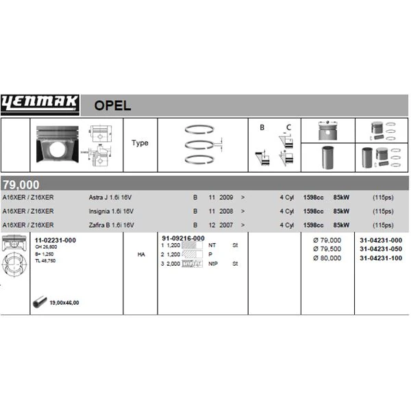 Opel Motor Piston Segman Komple 100 (80.00mm) Astra J – İnsignia A – Mokka – Astra H – Zafıra B – Z16xer - Yenmak 31-04231-100