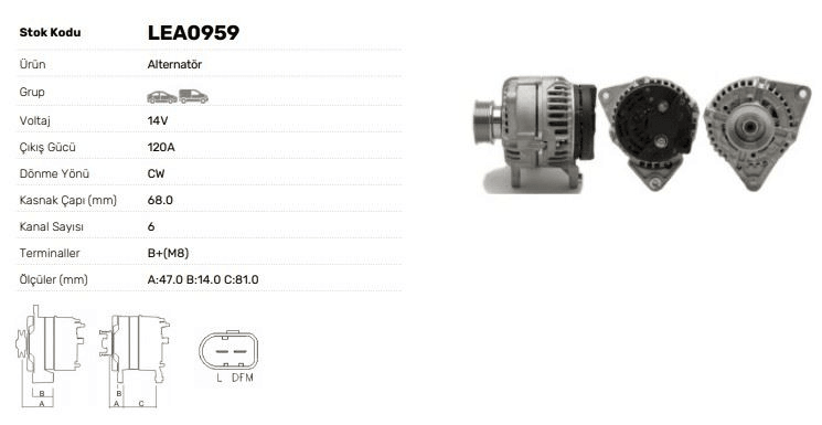 ALTERNATOR 12V 120A IVECO DAILY TURBO II PEUGEOT PREMIER J10 14> (BOSCH TIPI) - LUCAS LEA0959