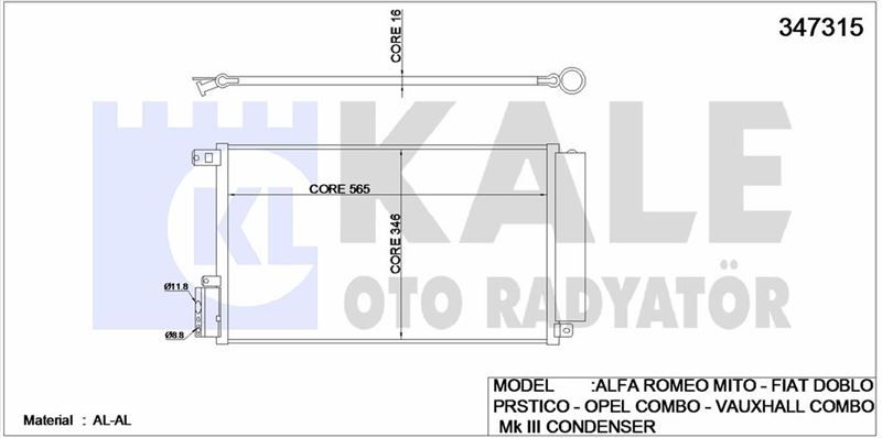 KLIMA RADYATORU DOBLO 1,4 09->COMBO 12->MITO 1,4 08-> (565x346x16) - KALE 347315