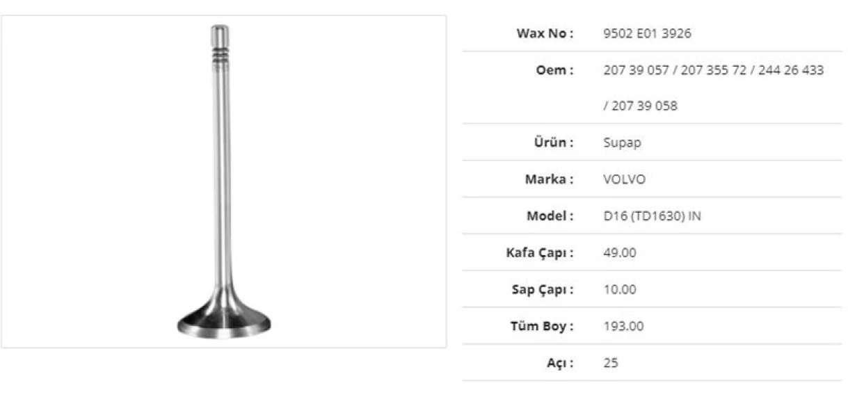 Volvo Truck Subap Emme Volvo Fh 16 D16 (td1630) 49kx10sx193bx25a (12adet) - Wax 9502 E01 3926
