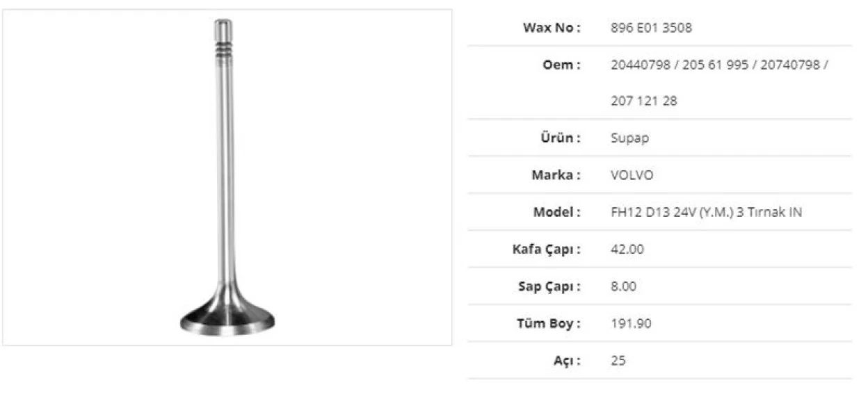 Volvo Truck Subap Emme Volvo Fh12 D13 24v (y.m.) 3 Tirnak 42kx8sx191,9bx25a (12adet) - Wax 896 E01 3508