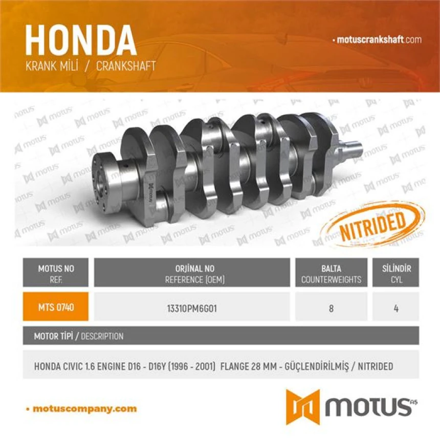Honda Krank MILI Honda CIVIC 1.6 Motor D16 Motor 1990 – 2006 8 Baltalı Kasnak Capı 28 MM - Motus 740