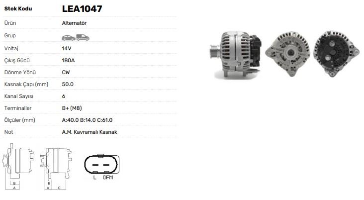 ALTERNATOR 12V 180A VW CRAFTER MULTIVAN T5 T6 TRANSPORTER CARAVELLA SKODA SUPERB (BOSCH TIPI) - LUCAS LEA1047